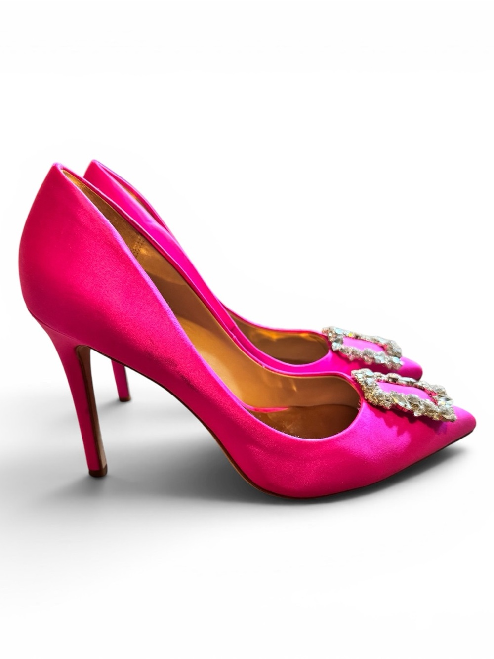 Badgley Mischka Fuchsia Satin Pointed-Toe Crystal Buckle Pumps - Picture 2 of 9